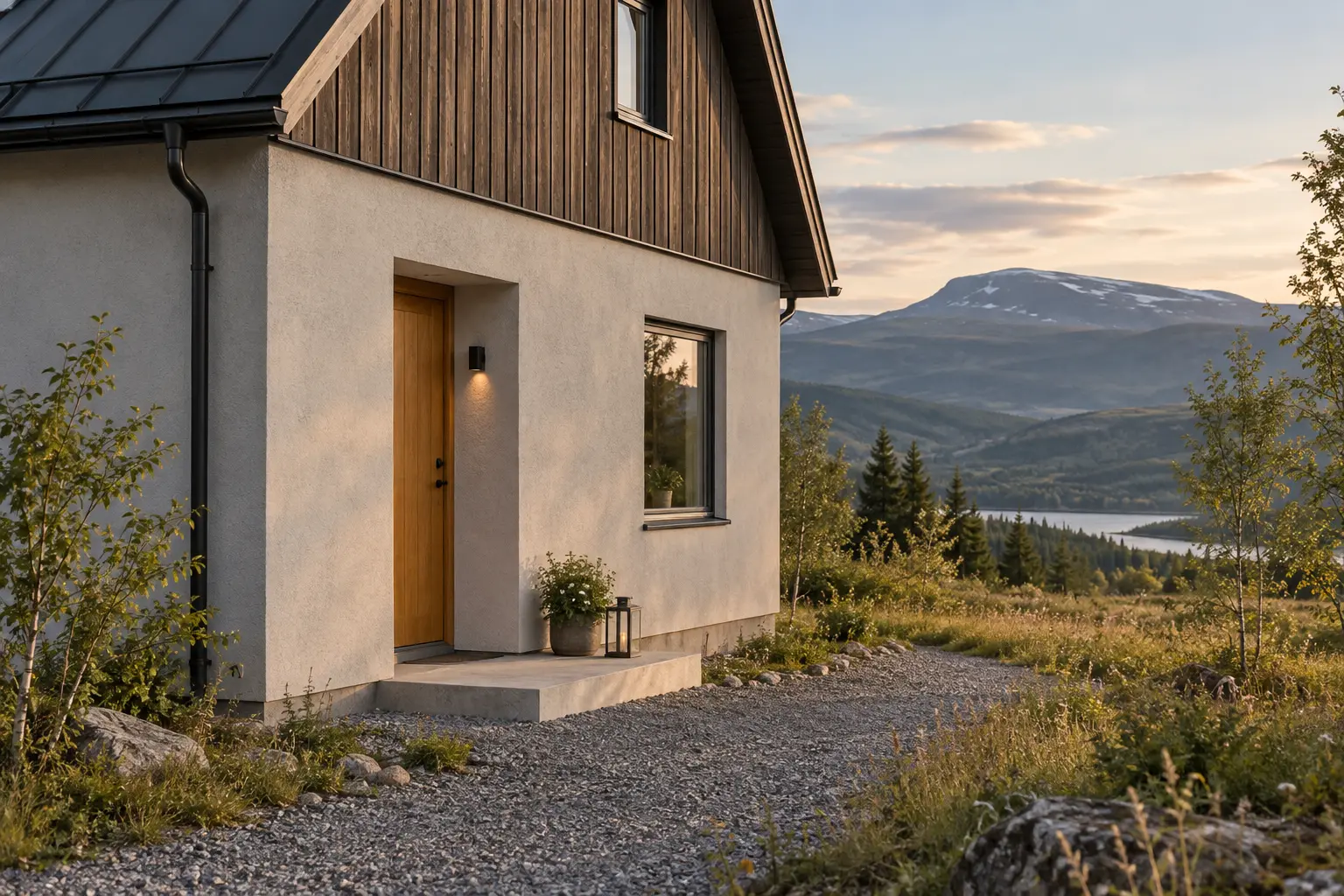 Villa med putsad fasad och grusuppfart i kvällsljus, med fjäll och sjö bakom.